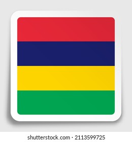 Mauritius flag icon on paper square sticker with shadow. Button for mobile application or web. Vector