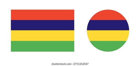 Conjunto de iconos de bandera de Mauricio. Bandera nacional redonda y rectangular de las insignias de Mauricio. Bandera del círculo de Mauricio, insignias rectangulares. Fondos de bandera.