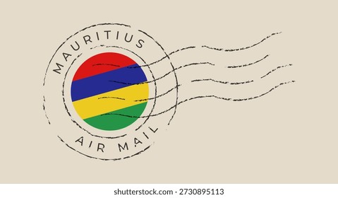 Bandera de Mauricio dentro de un sello postal circular de correo aéreo, un matasellos de Vector vintage para viajes internacionales y correspondencia..