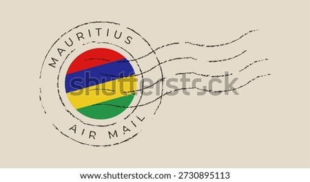 Mauritius flag inside a circular air mail postal stamp, a vintage vector postmark for international travel and correspondence..