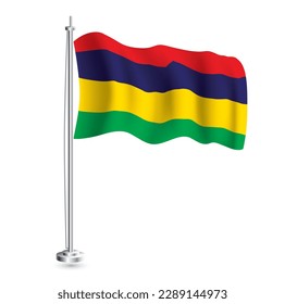 Mauritius Flag. Isolated Realistic Wave Flag of Mauritius Country on Flagpole. Vector Illustration.