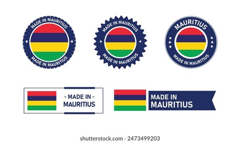 Bandera de Mauricio, Made in Mauritius. Etiqueta, Sello, Estampilla, Bandera, Icono Vector