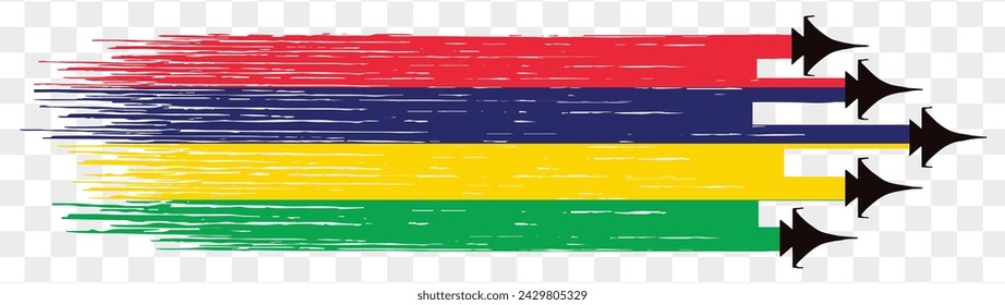 Mauritius flag with military fighter jets isolated background. vector illustration