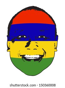 A Mauritius flag on a face, isolated against white. 
