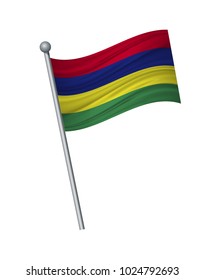 Mauritius flag on the flagpole. Official colors and proportion correctly. waving of Mauritius flag on flagpole, vector illustration isolate on white background.