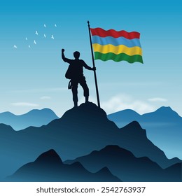 Mauritius Flag raised on a mountain peak with clear sky in the background, vector illustration