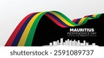 Mauritius flag ribbon with cityscape Independence Day 12 March vector poster