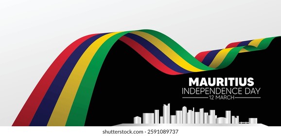 Mauritius flag ribbon with cityscape Independence Day 12 March vector poster