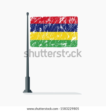 Mauritius flag with scratches on flagpole with shadow in vector