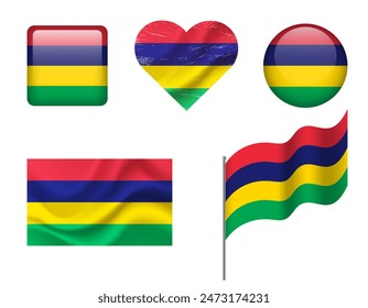 Mauritius flag set of icons. Vector flag of Mauritius, symbol. Set of Mauritius flags button, waved, heart.