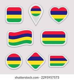 Mauritius flag vector set. Mauritian stickers collection. Isolated geometric icons. Country national symbols badges. Web, sport page, patriotic, travel design elements. Different shapes