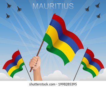 Mauritius flags flying under the blue sky