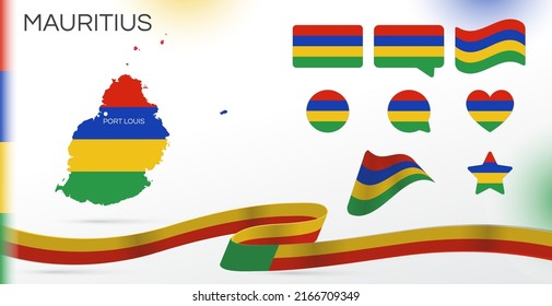 Mauritius flags set. Various designs. Map and capital city. World flags. Vector set. Circle icon. Template for independence day. Collection of national symbols. Ribbon with colors of the flag. Africa