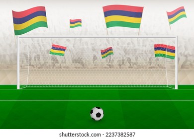 Mauritius football team fans with flags of Mauritius cheering on stadium, penalty kick concept in a soccer match. Sports vector illustration.