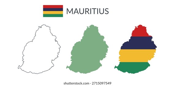 Fronteiras geográficas mauricianas isoladas sobre fundo branco. Bandeira de Maurício. Cliparts planas vetoriais.