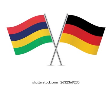 Mauritius and Germany crossed flags. Mauritian and German flags on a white background. Vector icon set. Vector illustration.