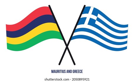 Mauritius and Greece Flags Crossed And Waving Flat Style. Official Proportion. Correct Colors.
