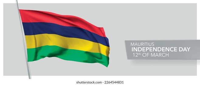 Mauritius happy independence day greeting card, banner vector illustration. Mauritian national holiday 12th of March design element with 3D flag