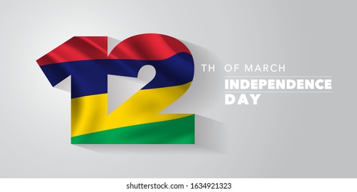 Mauritius happy independence day vector banner, greeting card. Wavy flag in nonstandard design for 12th of March national holiday