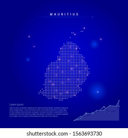 Mauritius illuminated map with glowing dots. Infographics elements. Dark blue space background. Vector illustration. Growing chart, lorem ipsum text.