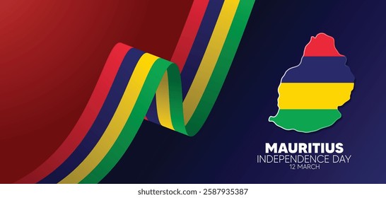 Mauritius Independence Day 12 March flag ribbon with map vector poster