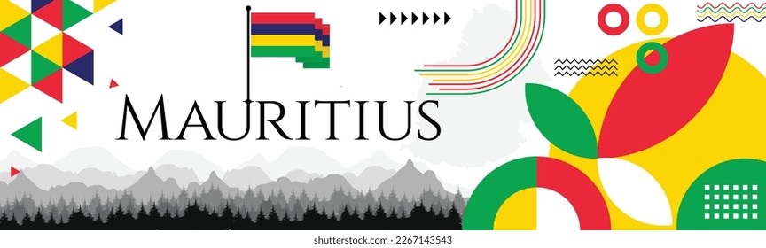 MAURITIUS INDEPENDENCE DAY banner with name and map. Flag color themed Geometric abstract retro modern Design. Red, blue yellow and green color vector illustration template graphic design.