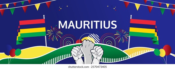 Mauritius Independence Day greeting wide banner. 12 March Happy Mauritius National Day. Holidays illustration concept. Great for event like carnival, feast poster, support, culture and tourism