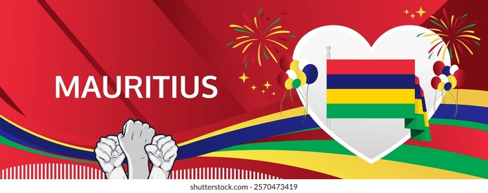 Mauritius Independence Day greeting wide banner. 12 March Happy Mauritius National Day. Holidays illustration concept. Great for event like carnival, feast poster, support, culture and tourism