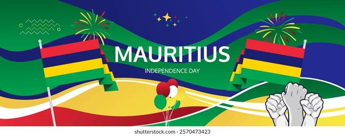 Mauritius Independence Day greeting wide banner. 12 March Happy Mauritius National Day. Holidays illustration concept. Great for event like carnival, feast poster, support, culture and tourism