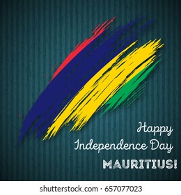 Mauritius Independence Day Patriotic Design. Expressive Brush Stroke in National Flag Colors on dark striped background. Happy Independence Day Mauritius Vector Greeting Card.