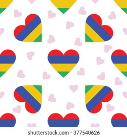 Mauritius independence day seamless pattern. Patriotic country flag background. Mauritius flag in the shape of heart. Vector seamless pattern.