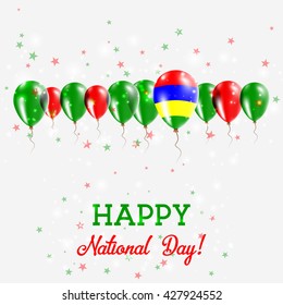 Mauritius Independence Day Sparkling Patriotic Poster. Happy Independence Day Card with Mauritius Flags, Confetti, Stars, Bokeh and Glitter.