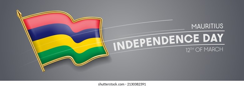 Mauritius independence day vector banner, greeting card. Wavy flag in 12th of March patriotic holiday horizontal design with realistic badge
