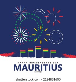 Mauritius independence day vector illustration with national flag and fireworks. Mauritius national day vector template for social media post.