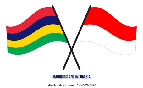 Mauritius and Indonesia Flags Crossed And Waving Flat Style. Official Proportion. Correct Colors.