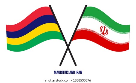 Mauritius and Iran Flags Crossed And Waving Flat Style. Official Proportion. Correct Colors.