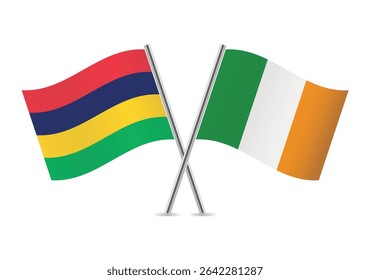 Mauritius and Ireland crossed flags. Mauritian and Irish flags on a white background. Vector icon set. Vector illustration.