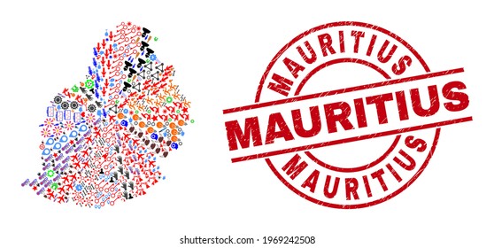 Mauritius Insel Karte Collage und Mauritius rotes Rundzeichen. Mauritius-Badge verwendet Vektorlinien und Bögen. Mauritius Island Kartenkollektion enthält Helme, Häuser, Armbrüche,