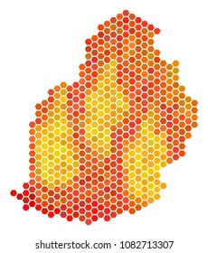 Mauritius Island map. Vector hexagonal territory plan drawn with flame color tints. Impressive Mauritius Island map collage is designed with fired hexagonal elements.