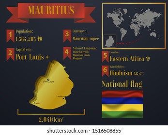Mauritius island statistic data visualization, travel, tourism destination infographic, information. Graphic vector illustration. National flag, African country silhouette, world map business element