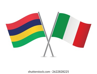 Mauritius and Italy crossed flags. Mauritian and Italian flags on a white background. Vector icon set. Vector illustration.