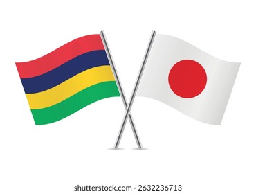 Mauritius and Japan crossed flags. Mauritian and Japanese flags on a white background. Vector icon set. Vector illustration.