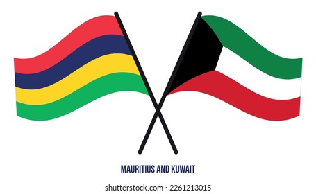 Banderas de Mauricio y Kuwait Cruzadas y ondeando estilo plano. Proporción oficial. Colores correctos.