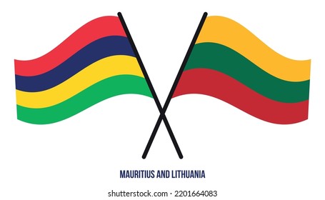 Banderas Mauricio y Lituania Cruzadas y ondeadas de estilo plano. Proporción oficial. Colores correctos.