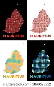 Mapa de Mauricio. Colección del mapa de Mauricio en estilo punteado. Las fronteras de la isla están llenas de rectángulos para tu diseño. Ilustración vectorial.