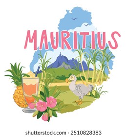 Mapa de Mauricio y Lugares famosos de la isla en estilo plano. Caña de azúcar de Vector, Monte Peter, pájaro extinto endémico de Dodo, Mauritius trochetia boutoniana Flores, piña, cóctel de falooda.