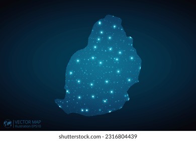 Mauritius map radial dotted pattern in futuristic style, design blue circle glowing outline made of stars. concept of communication on dark blue background. Vector EPS10