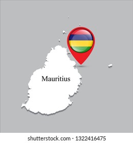 Mauritius map with white shadow and country name on the map. Check-in point with a national flag on a gray background.