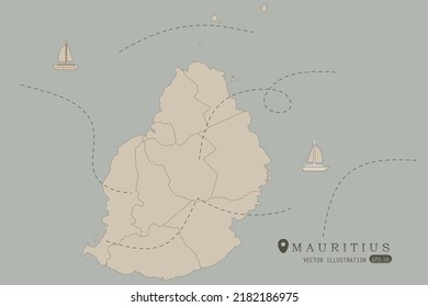 Mauritius Map - World Map International vector template High detailed with brown color isolated on grey background including simple point of location, wind, boat icon - Vector illustration eps 10