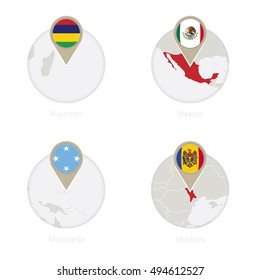 Mauritius, Mexico, Micronesia, Moldova map and flag in circle. Vector Illustration.